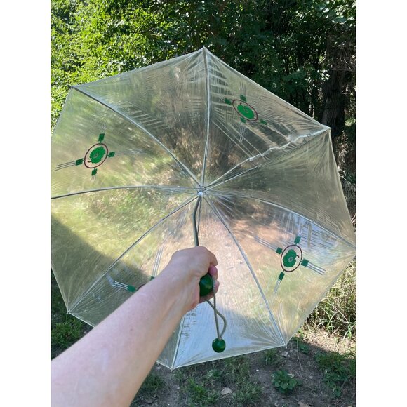 Vintage 1960s Clear Vinyl Bubble Umbrella Green Flowers & Handle - Picture 13 of 16